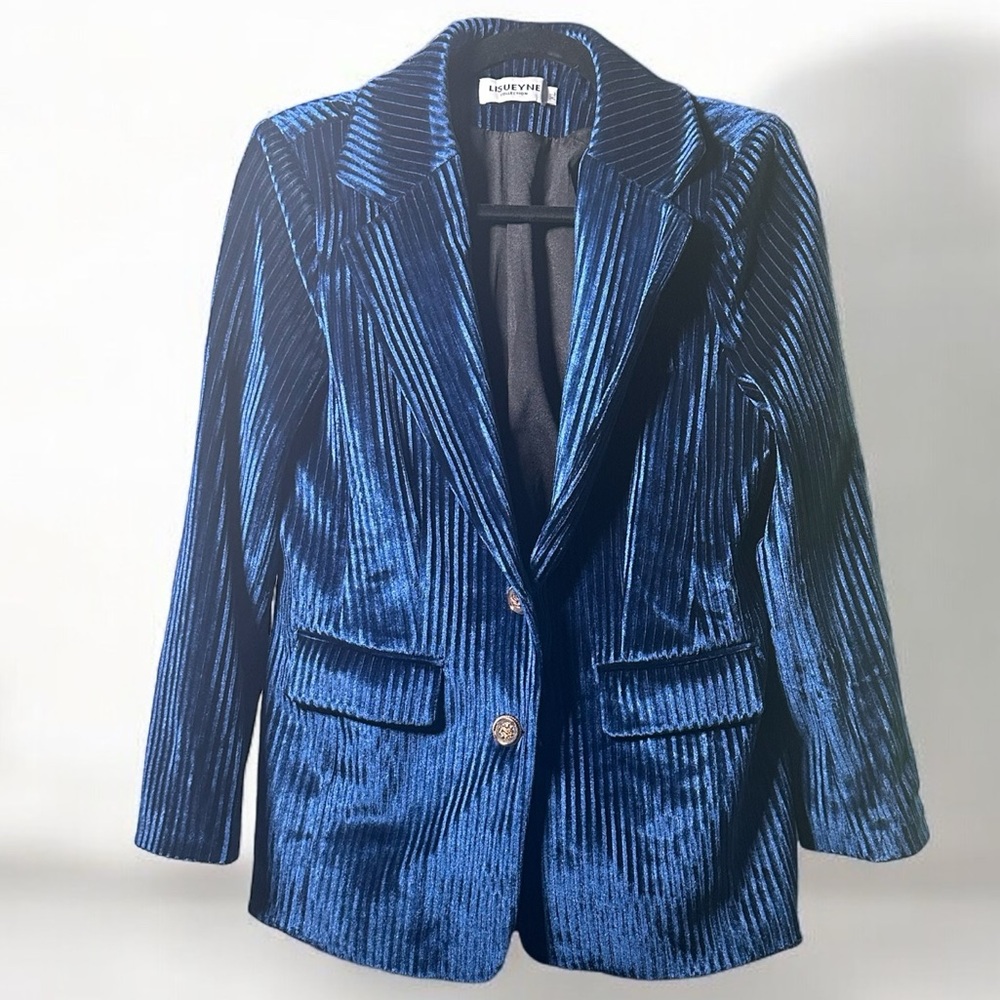 Luxurious blue velvet suit with bronze buttons! Stand out in a crowd.
